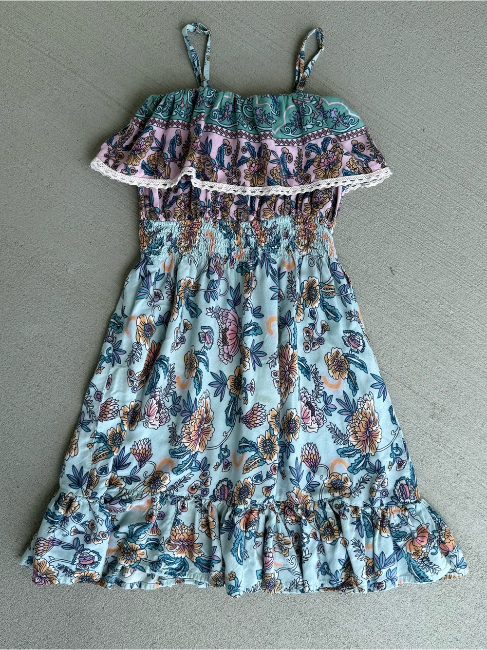 Girls Teal Blue Green Boho Floral Sun Dress, Lace Ruffle Size 7 Yrs Bela & Nuni